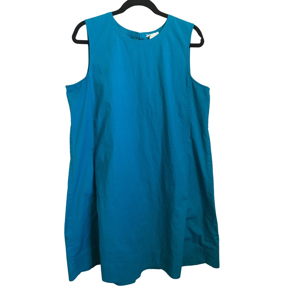Eileen Fisher Teal Blue Organic Cotton Poplin Sleeveless Shift Dress Large‎